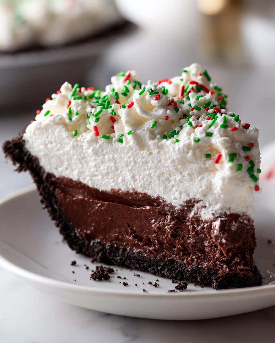 A close-up slice of Christmas chocolate cream pie featuring a dark crust, rich chocolate filling, and whipped cream topped with red and green sprinkles.