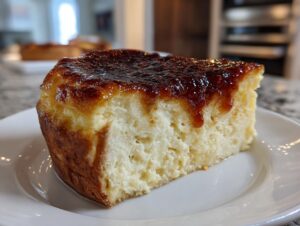 A close-up of a slice of creamy creme brulee cheesecake with a dark, caramelized, dripping topping on a white plate.