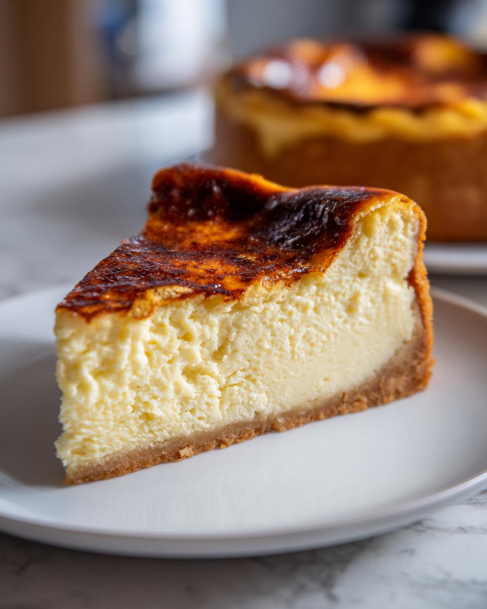 A close-up of a single slice of creme brulee cheesecake showing the creamy filling and dark, caramelized top.
