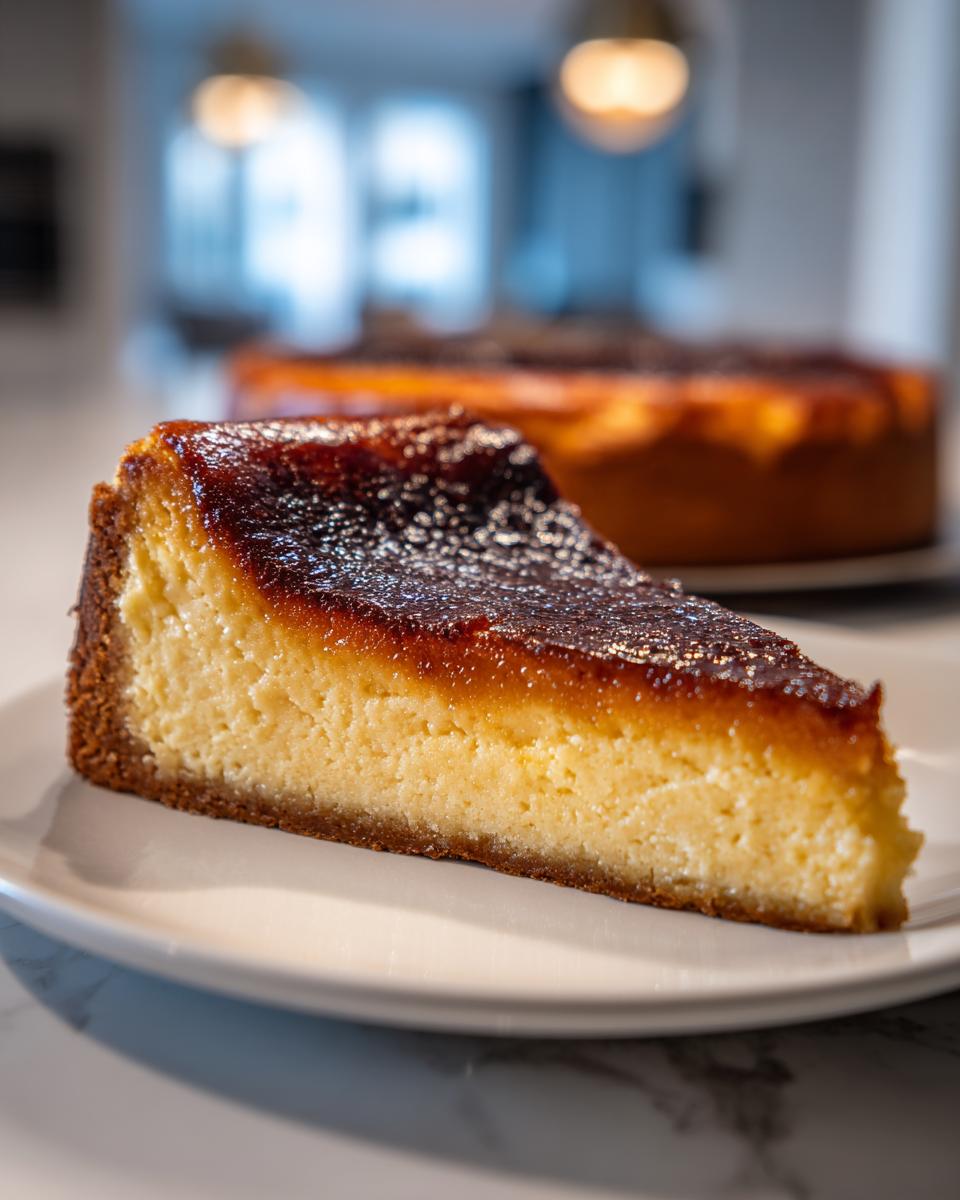 A close-up slice of creme brulee cheesecake showing a thick graham cracker crust and a perfectly caramelized, dark sugar topping.