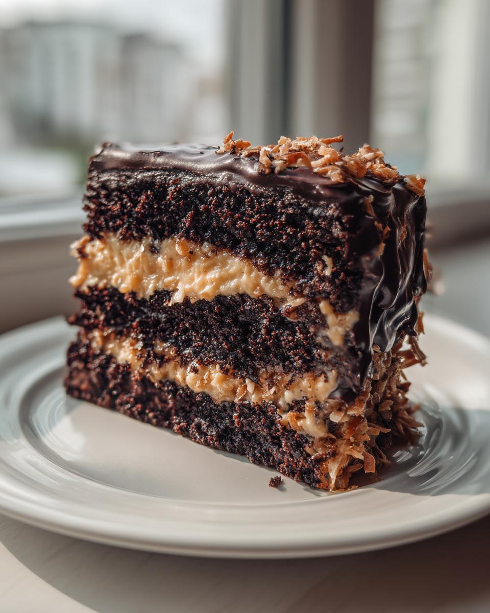 A tall slice of dark chocolate german chocolate cake layered with coconut pecan frosting and topped with chocolate ganache.