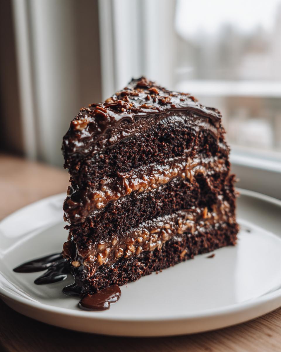 A decadent slice of german chocolate cake showing three layers of dark chocolate cake separated by pecan filling.