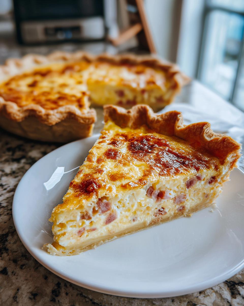 A golden-brown slice of Ham and cheese quiche served on a white plate with the rest of the quiche in the background.