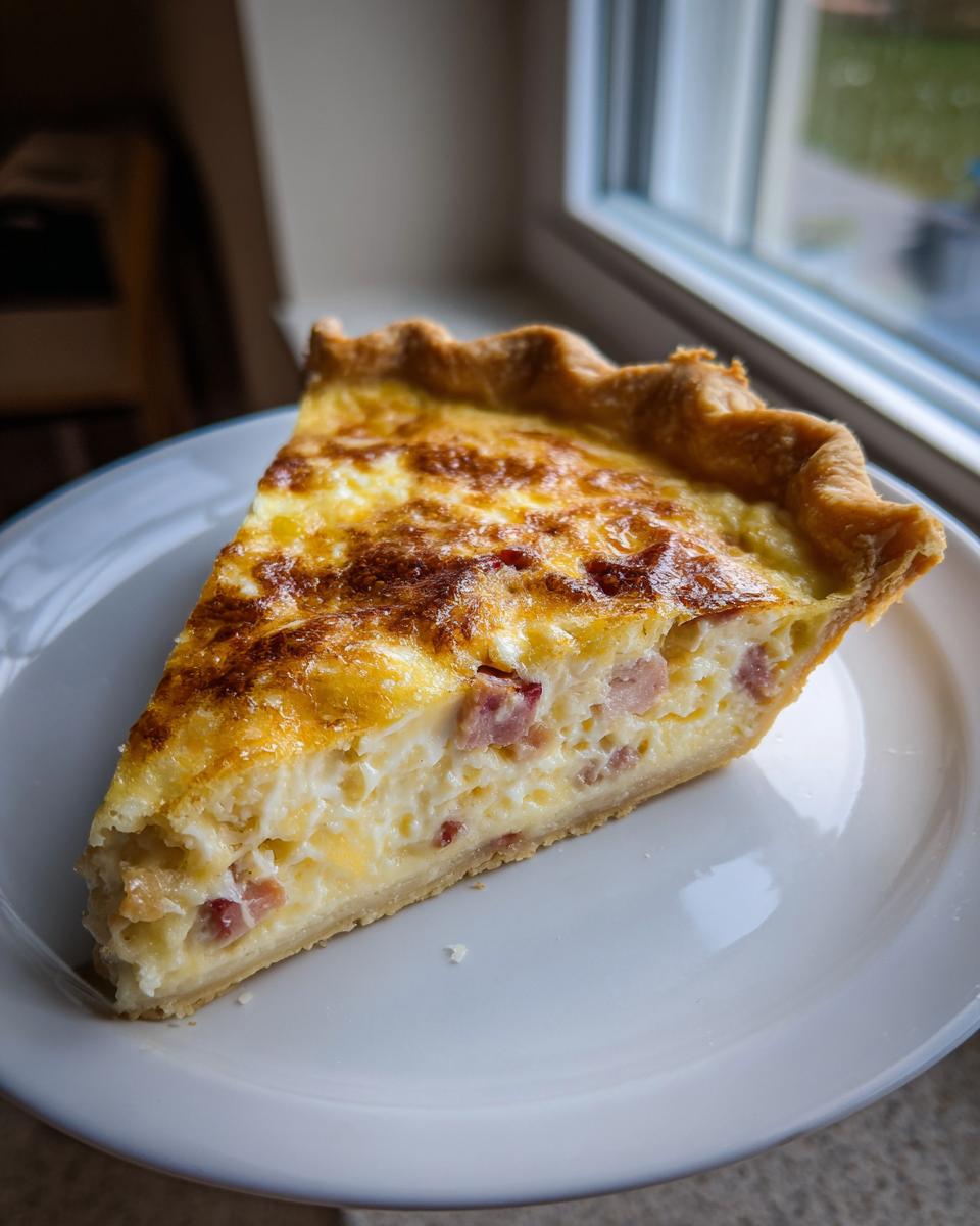 A perfect slice of Ham and cheese quiche with a golden-brown top, sitting on a white plate near a window.