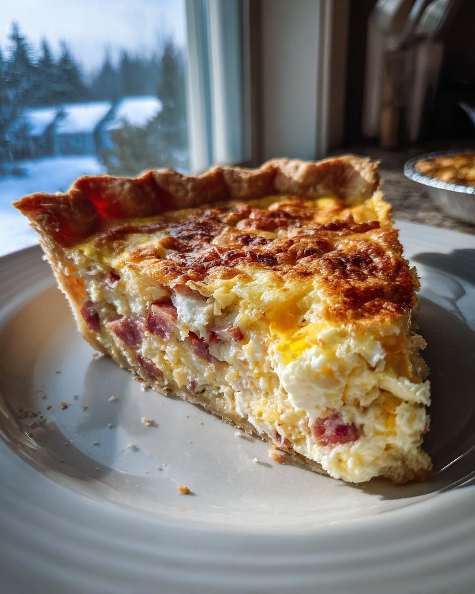 A thick slice of ham and cheese quiche with a golden-brown top sits on a white plate near a window.