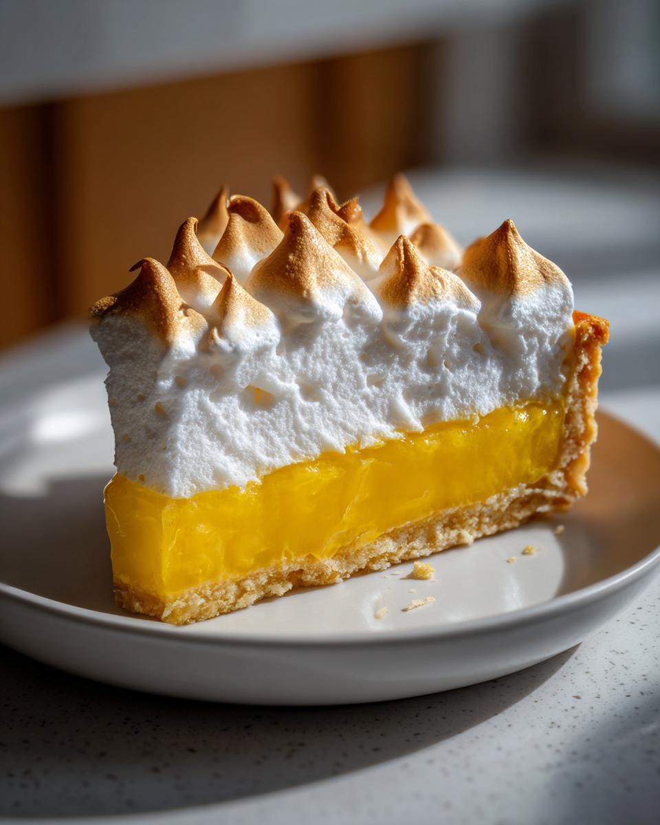 A close-up of a tall slice of lemon meringue pie showing bright yellow curd and toasted meringue peaks.