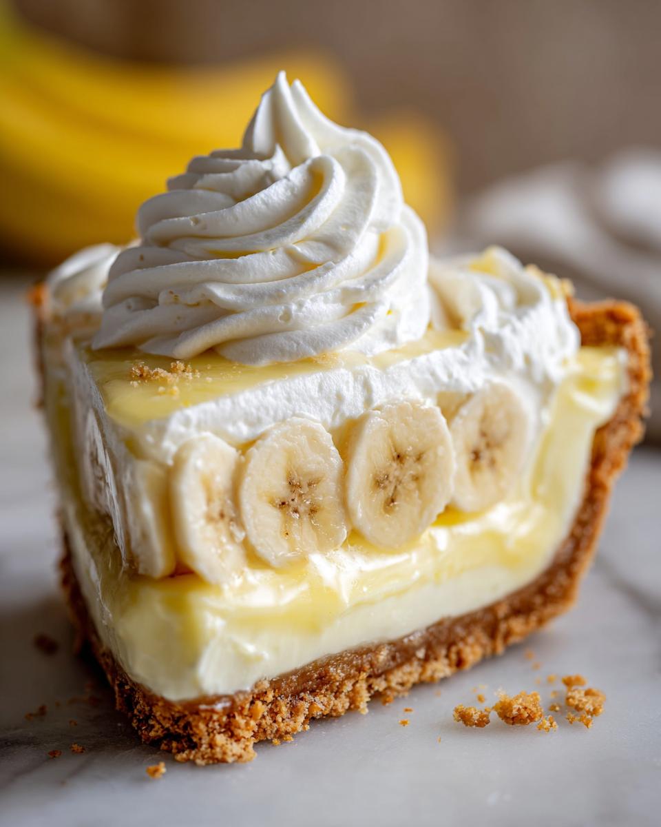 A close-up of a decadent slice of banana cream pie featuring a graham cracker crust, creamy filling, sliced bananas, and a swirl of whipped cream.