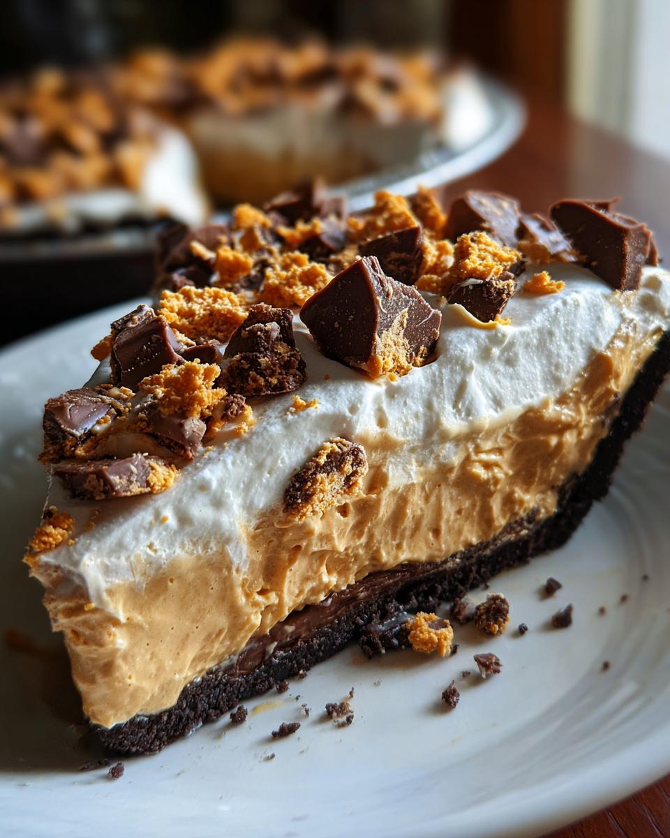 A thick slice of butterfinger pie showing chocolate crust, peanut butter filling, whipped cream, and Butterfinger candy chunks.