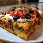 Close-up of a slice of 5-layer Mexican pizza topped with ground beef, melted cheese, sour cream, tomatoes, and olives.