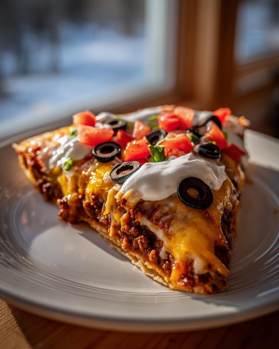 A close-up slice of 5-layer Mexican pizza topped with melted cheese, sour cream, tomatoes, and black olives.