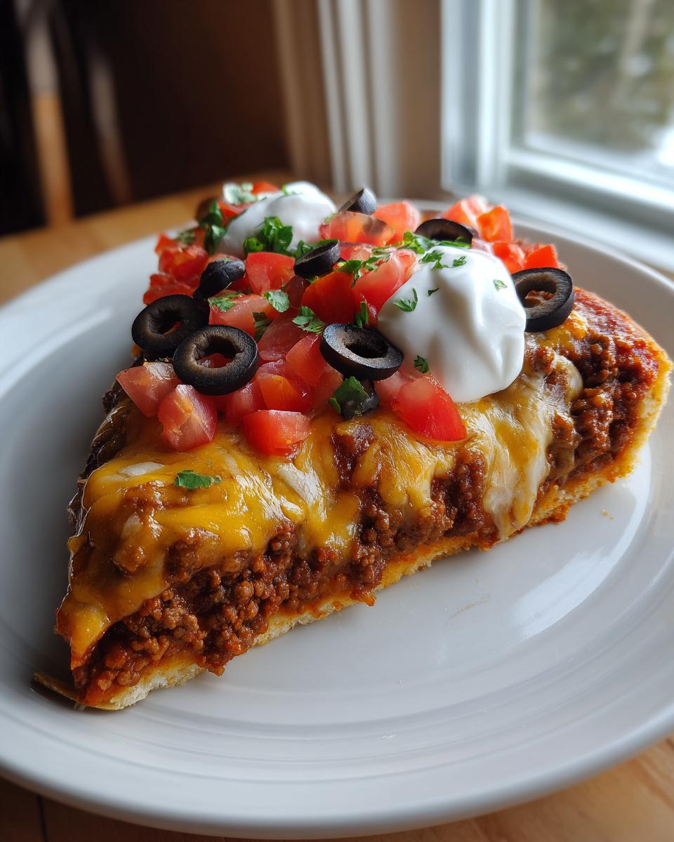 A thick slice of 5-layer mexican pizza topped with melted cheese, seasoned beef, tomatoes, olives, and sour cream.