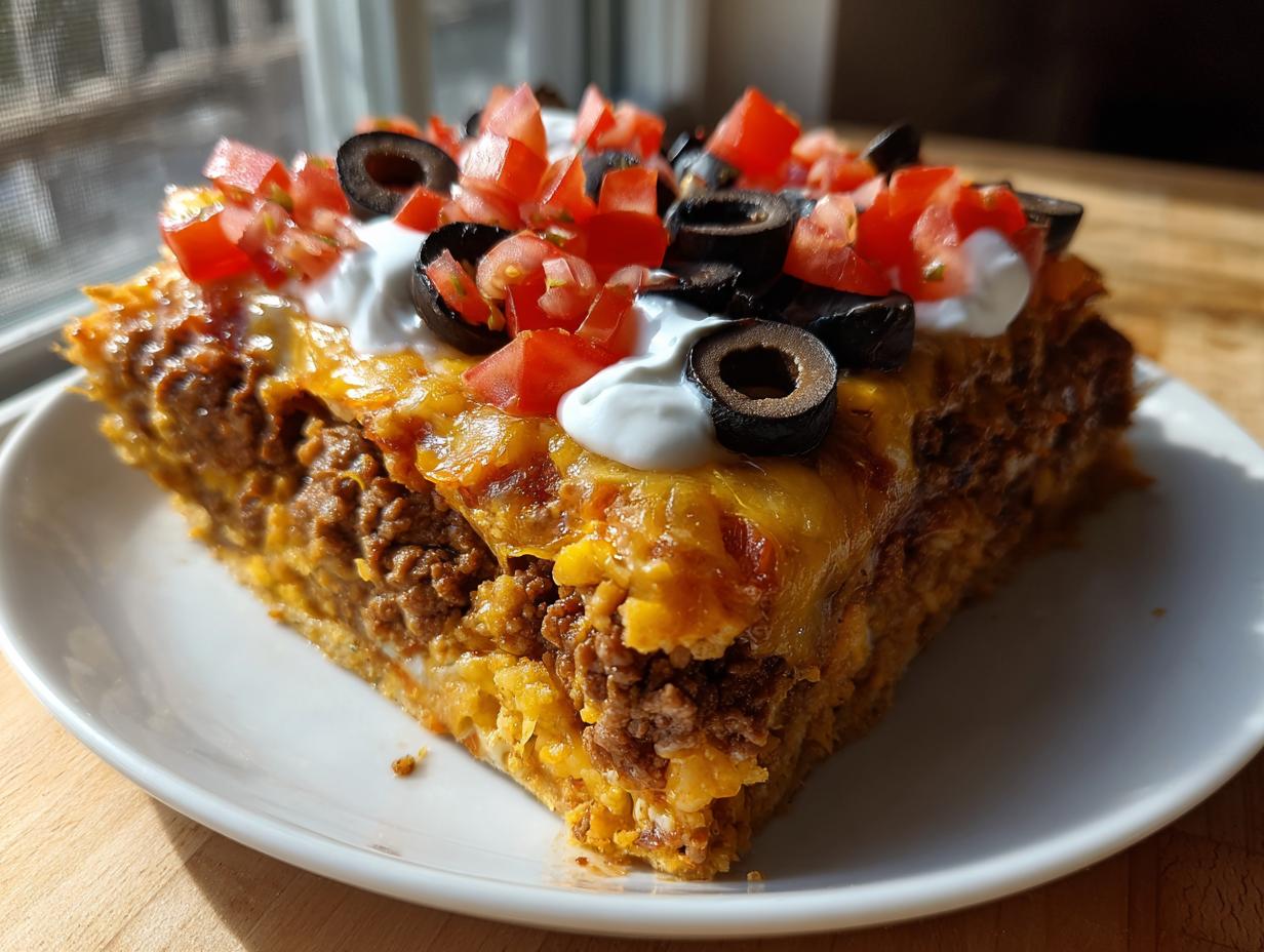 A thick slice of 5-layer Mexican pizza topped with melted cheese, sour cream, diced tomatoes, and black olives.