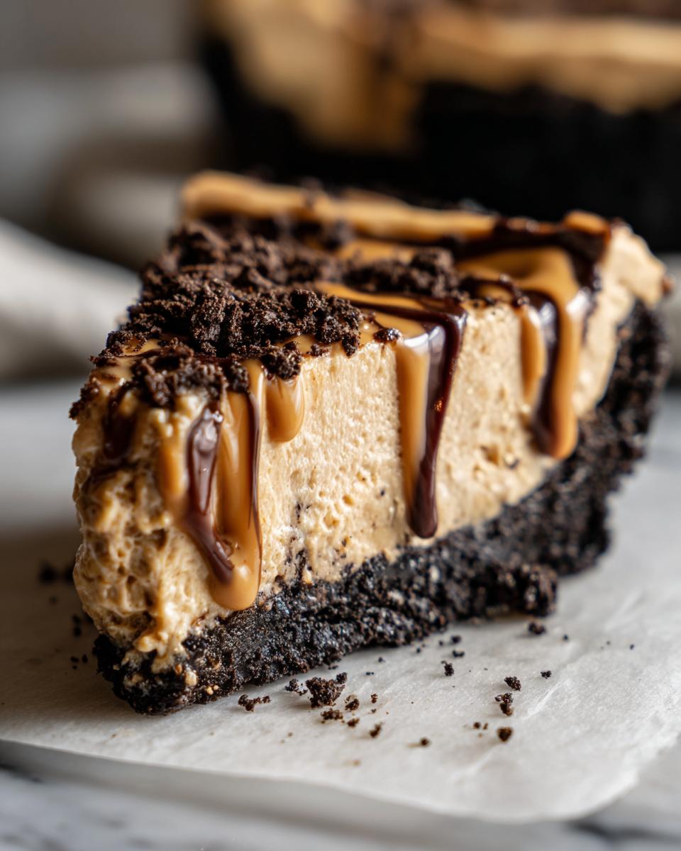 A decadent slice of no-bake peanut butter pie with a dark cookie crust, topped with caramel, chocolate sauce, and crumbles.