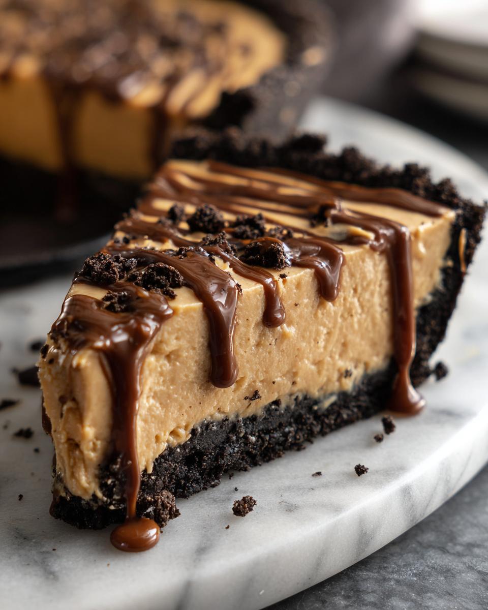 A close-up slice of rich peanut butter pie with a dark cookie crust, topped with chocolate drizzle and crumbs.