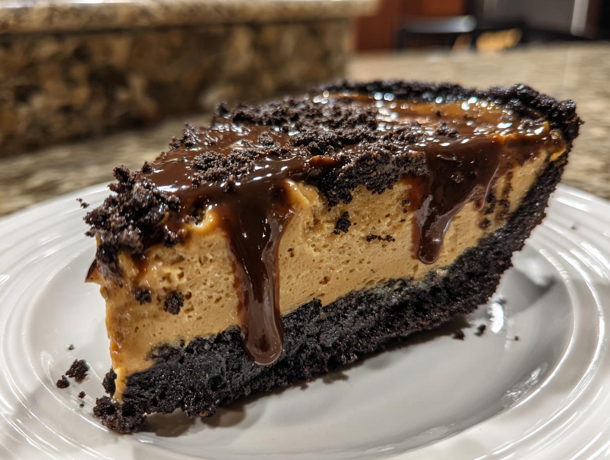 Close-up of a rich slice of peanut butter pie with a dark chocolate crust, drizzled with chocolate sauce.