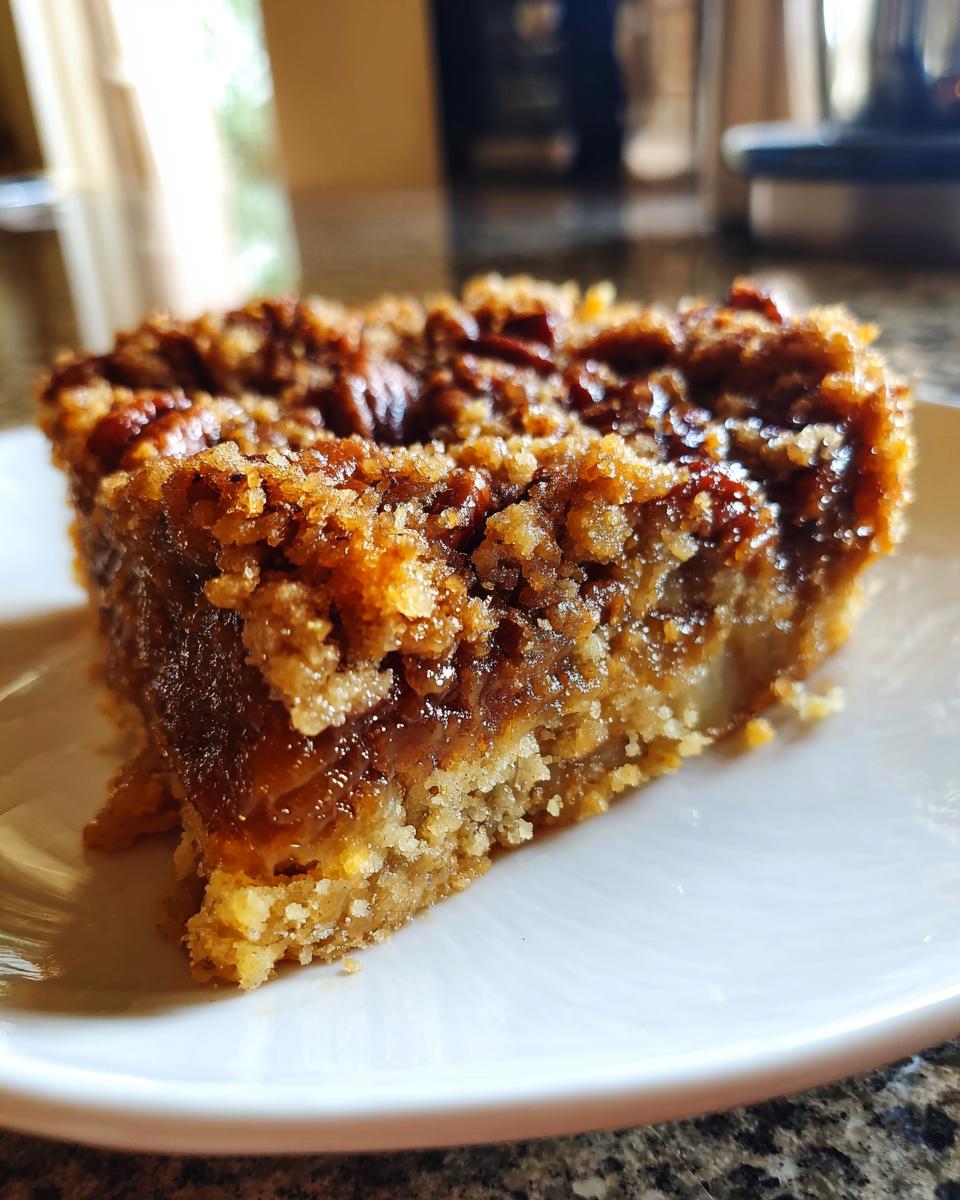 Close-up of a square slice of pecan pie cobbler recipe showing gooey filling and crumb topping.