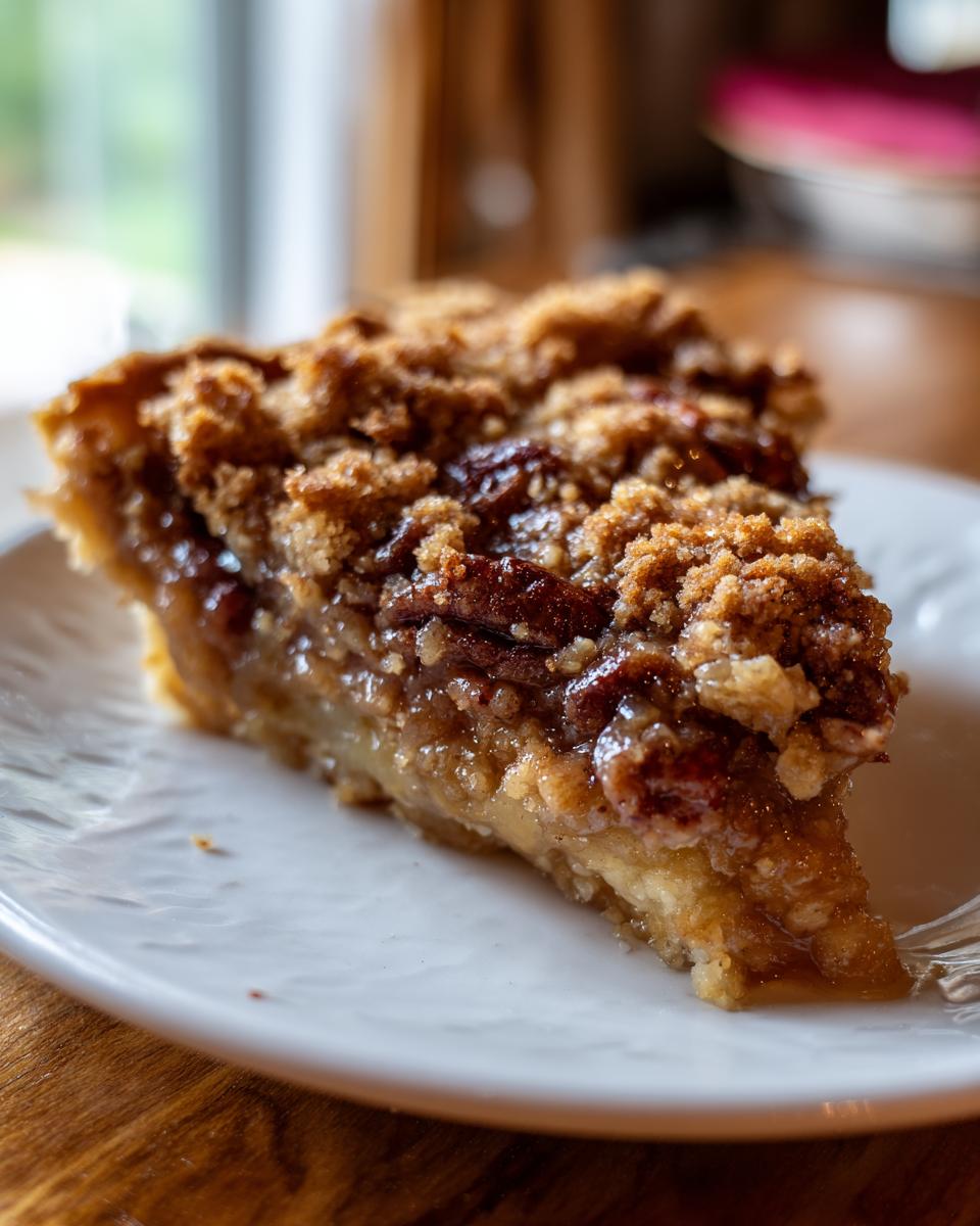 Close-up of a rich slice of pecan pie cobbler recipe showing gooey filling and a thick, crumbly topping.