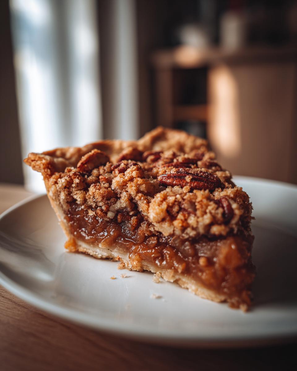 A close-up of a slice of pecan pie cobbler recipe showing the gooey filling and crunchy pecan topping on a white plate.