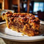 Close-up of a rich, gooey slice of pecan pie cobbler recipe showing the caramelized filling and pecan topping.