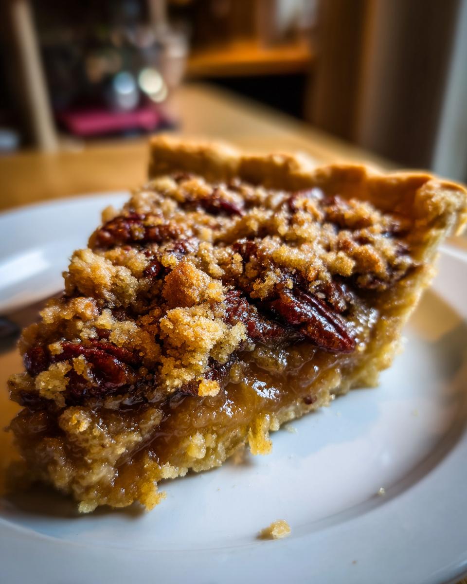 Close-up of a delicious slice of pecan pie cobbler recipe showing gooey filling and crunchy pecan topping.