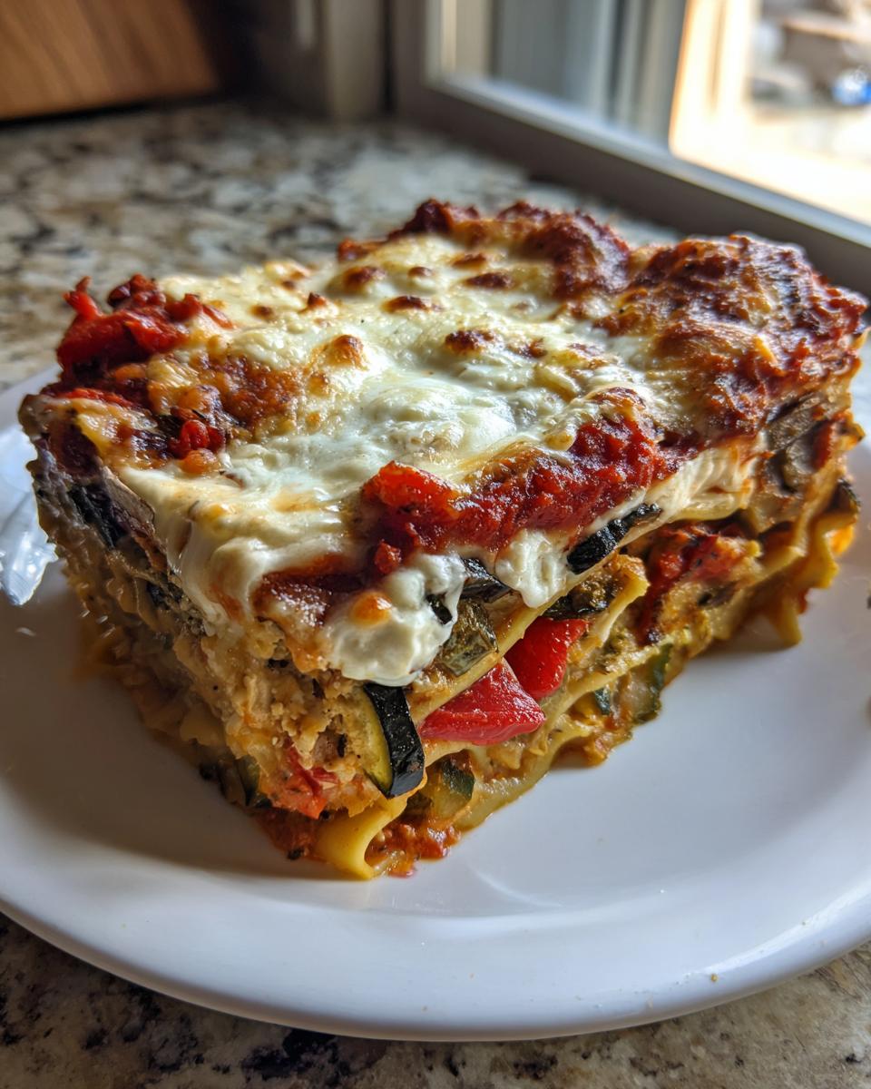 A thick slice of roasted vegetable lasagna showing layers of pasta, zucchini, red peppers, and melted cheese topping.
