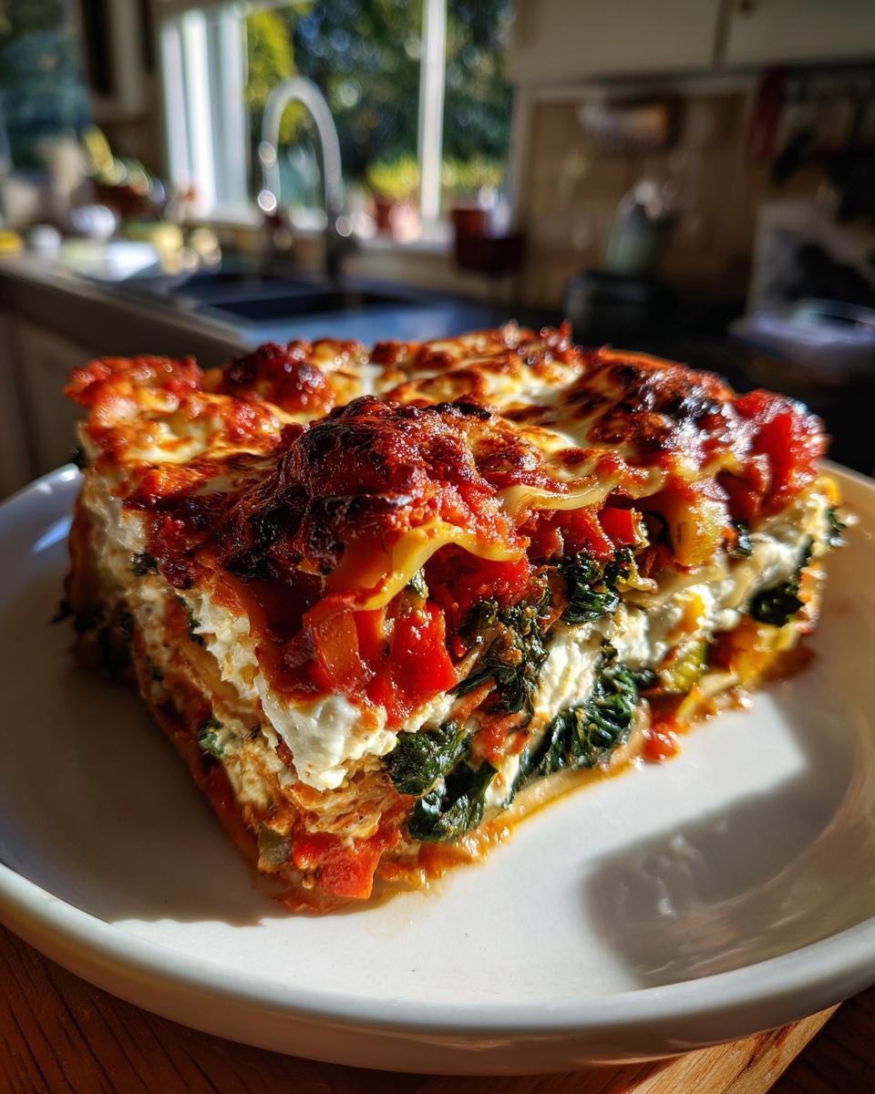 A thick, layered slice of roasted vegetable lasagna with a browned cheese top, served on a white plate.