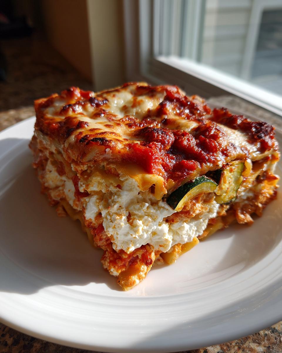 A generous slice of roasted vegetable lasagna showing layers of pasta, ricotta, tomato sauce, and zucchini, topped with melted, browned cheese.