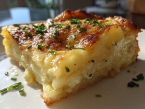Close-up of a rich, creamy slice of scalloped potatoes with a golden-brown top garnished with fresh chives.