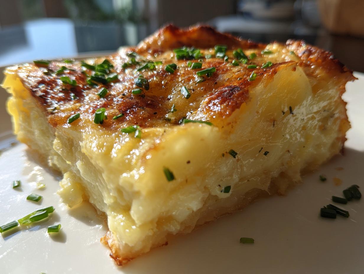 Close-up of a rich, creamy slice of scalloped potatoes with a golden-brown top garnished with fresh chives.
