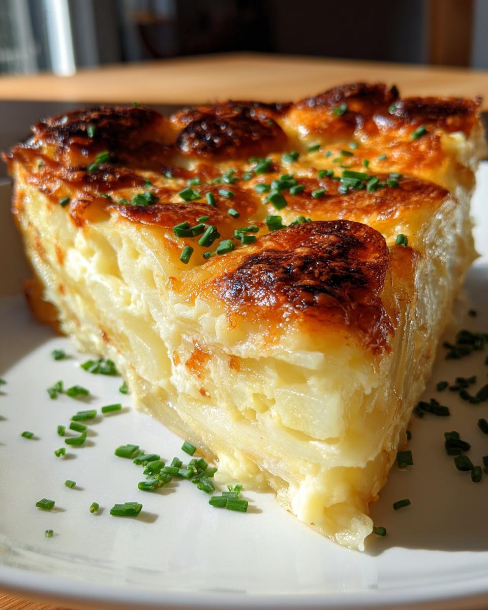 A thick, golden-brown slice of layered scalloped potatoes topped with chives on a white plate.