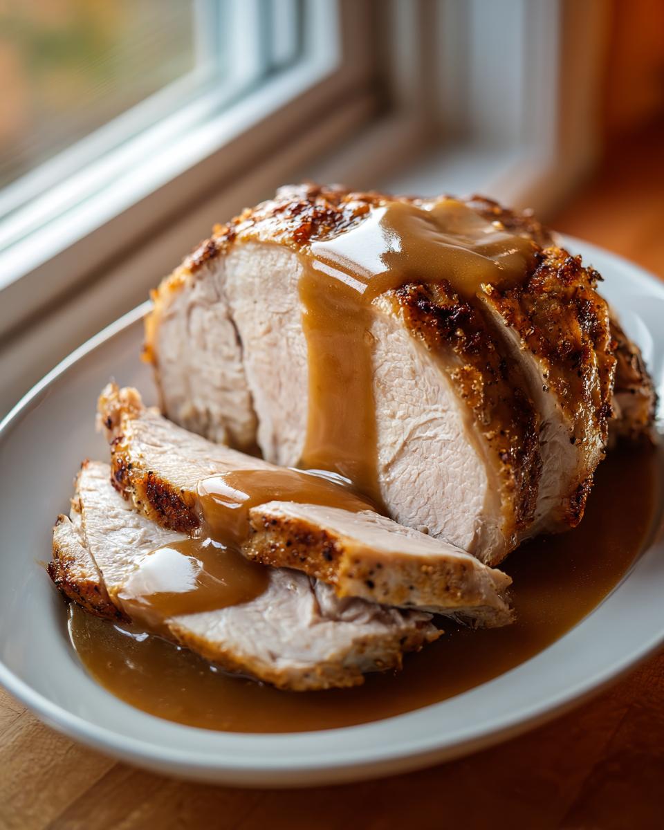 Close-up of sliced instant pot turkey breast, juicy and topped with rich brown gravy, served on a white plate.