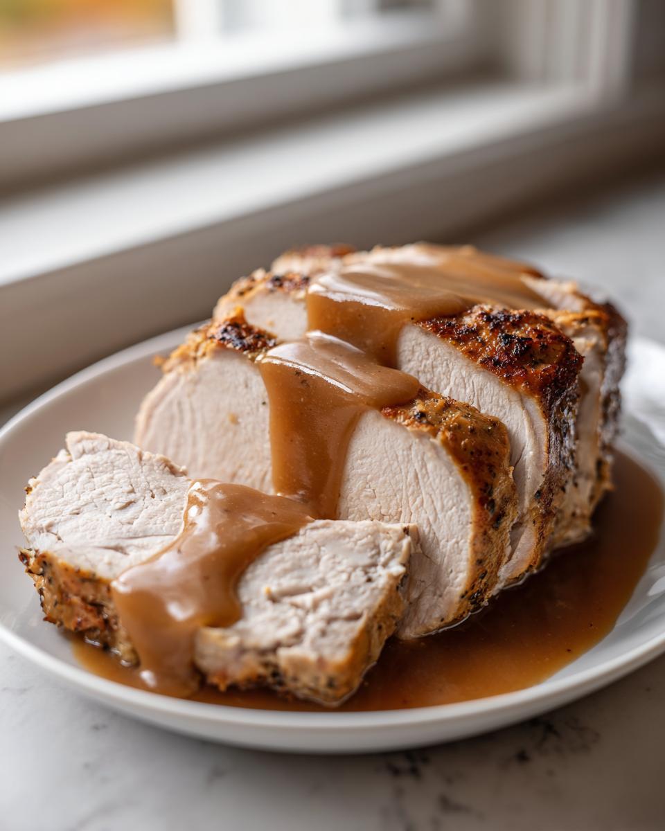 Close-up of sliced instant pot turkey breast, seasoned and topped with rich brown gravy, served on a white plate.