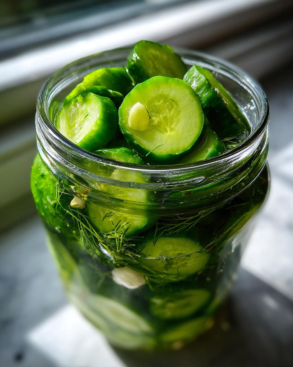 Close-up of sliced cucumbers, dill, and garlic in a jar making refrigerator pickles.