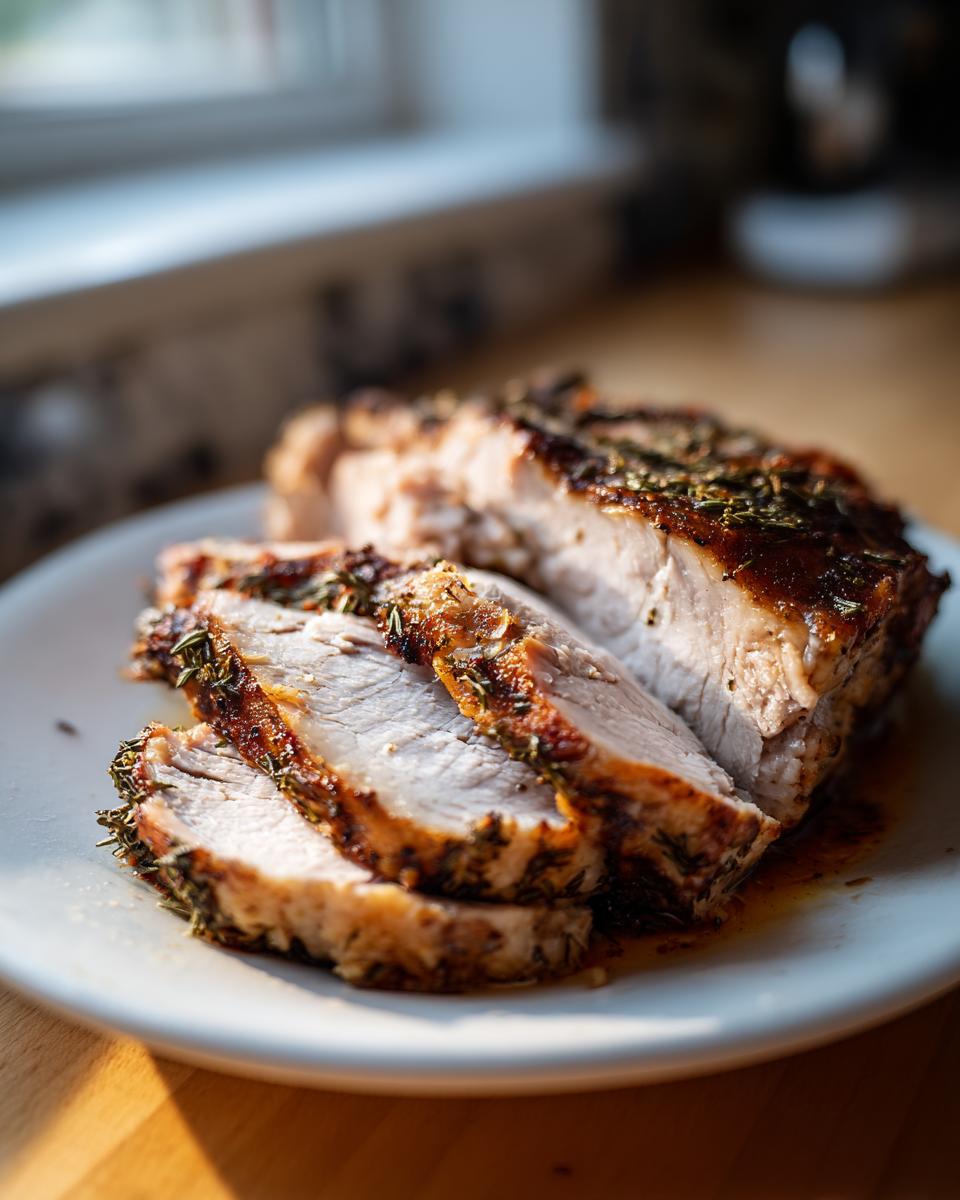 Slices of juicy slow cooker turkey breast seasoned with a dark herb crust resting on a white plate.