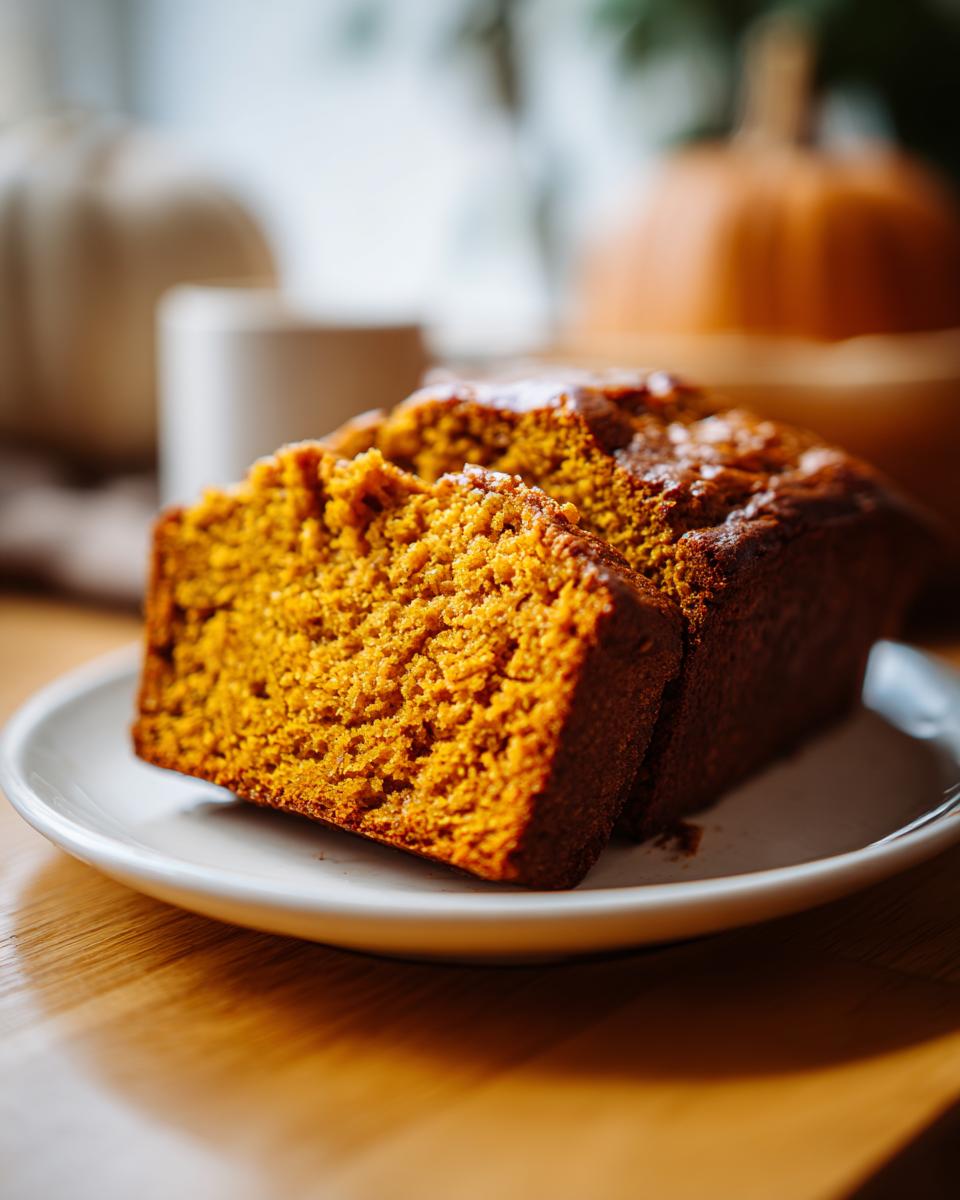 Two thick slices of incredibly moist pumpkin bread showing a rich orange crumb texture, served on a white plate.