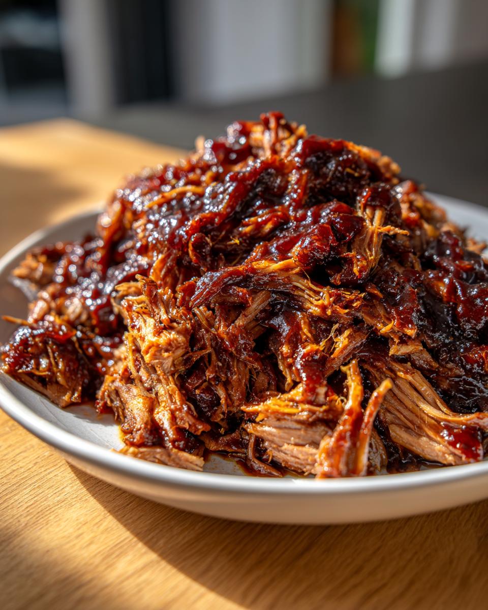 A mound of shredded, tender Slow Cooker Pulled Pork generously coated in dark, glossy BBQ sauce on a white plate.