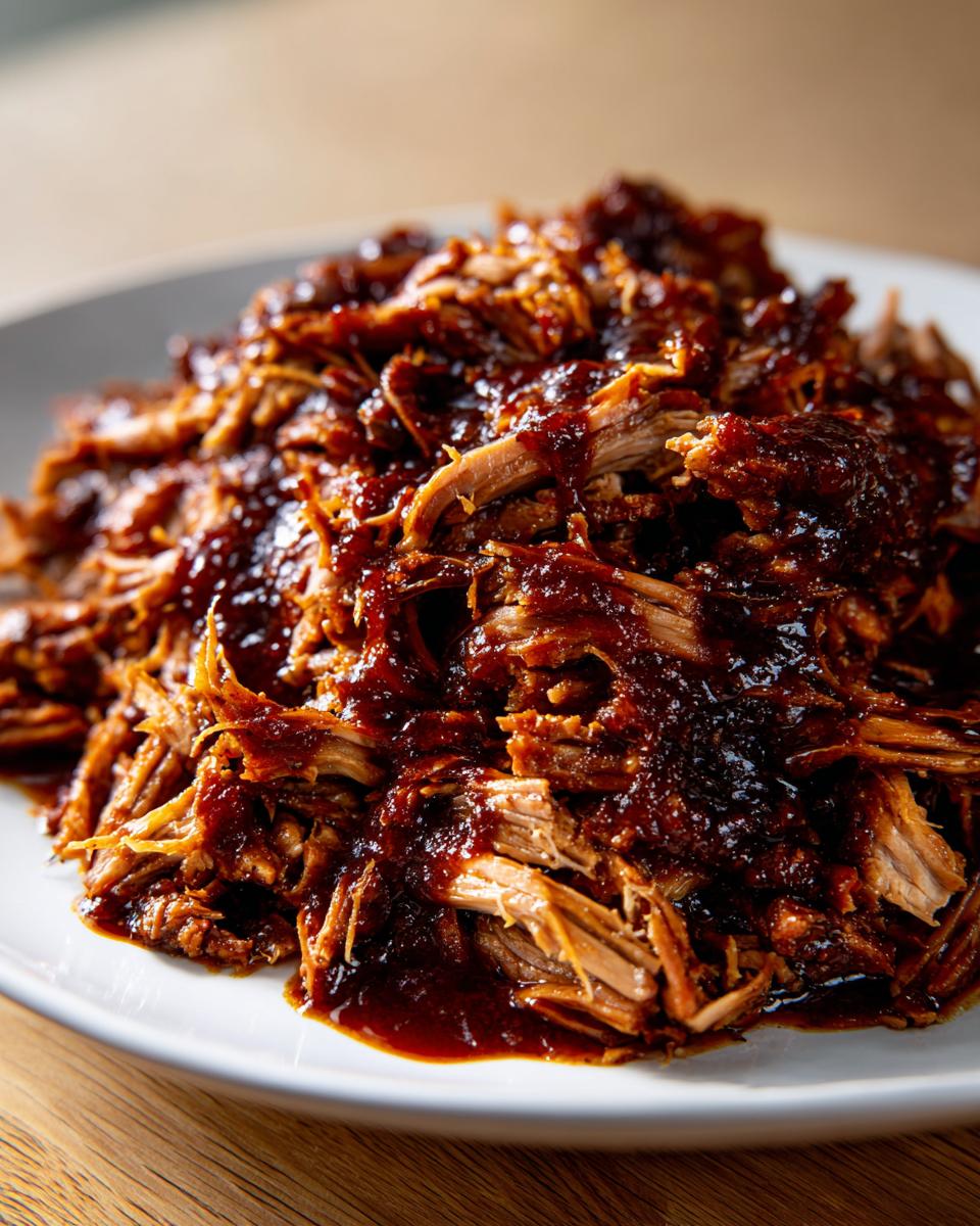Close-up of tender, shredded Slow Cooker Pulled Pork generously coated in rich, dark BBQ sauce.