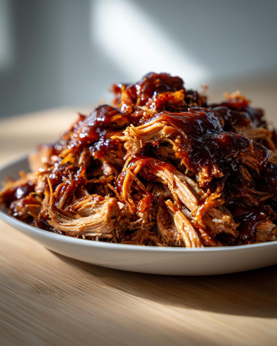 Close-up of tender, shredded Slow Cooker Pulled Pork generously topped with glossy barbecue sauce.