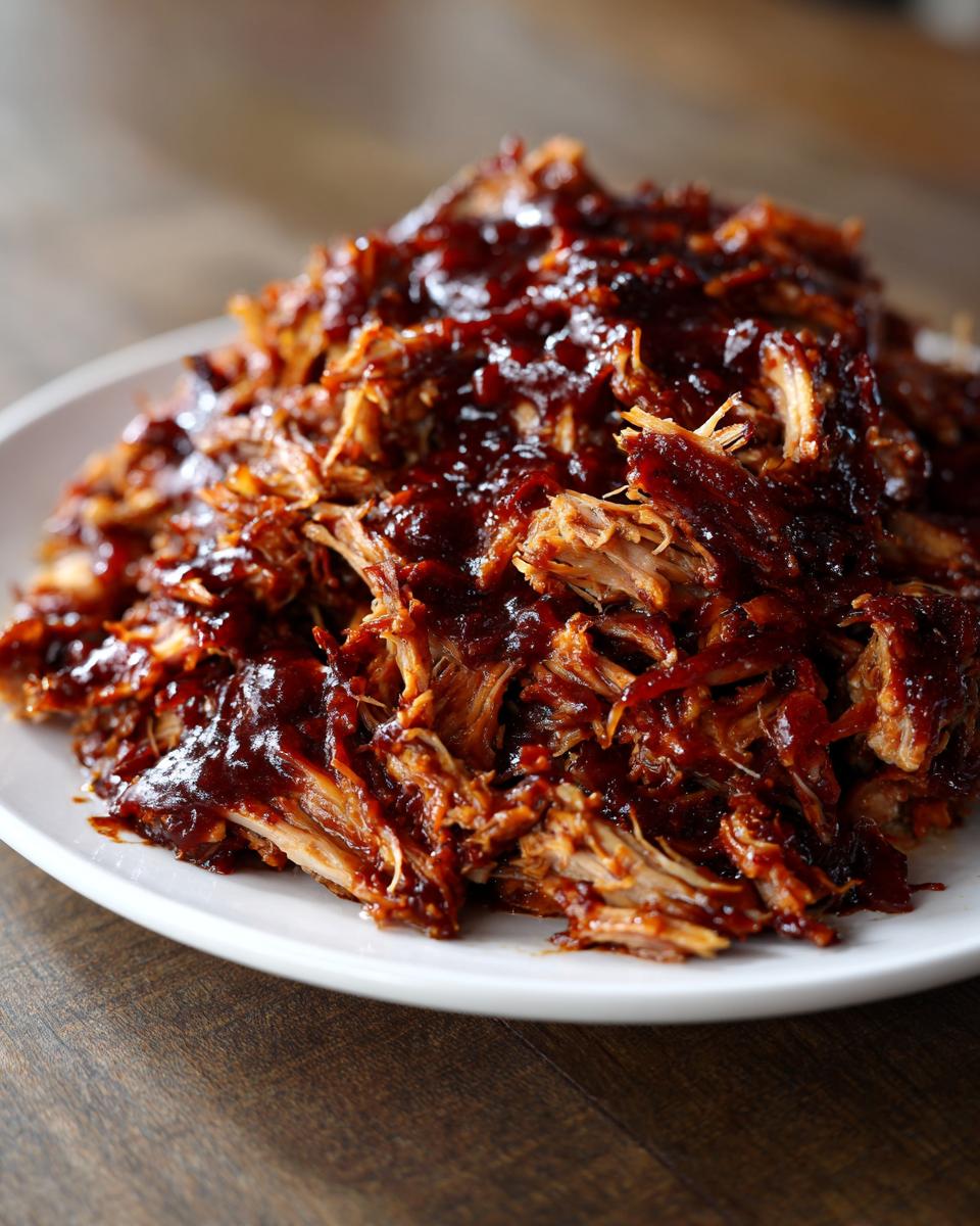 Close-up of tender, shredded slow cooker pulled pork generously coated in dark barbecue sauce on a white plate.