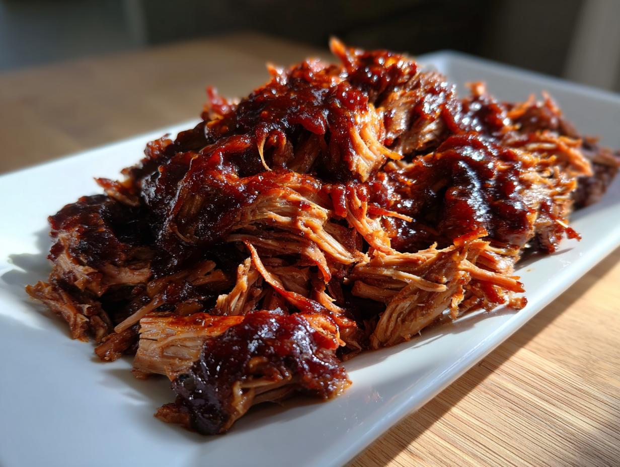Close-up of tender, shredded Slow Cooker Pulled Pork generously coated in dark barbecue sauce on a white platter.