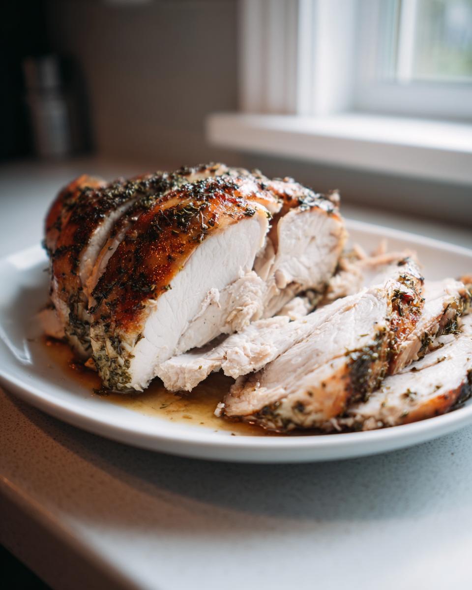 A perfectly cooked and sliced slow cooker turkey breast, seasoned with herbs, resting in its juices on a white plate.