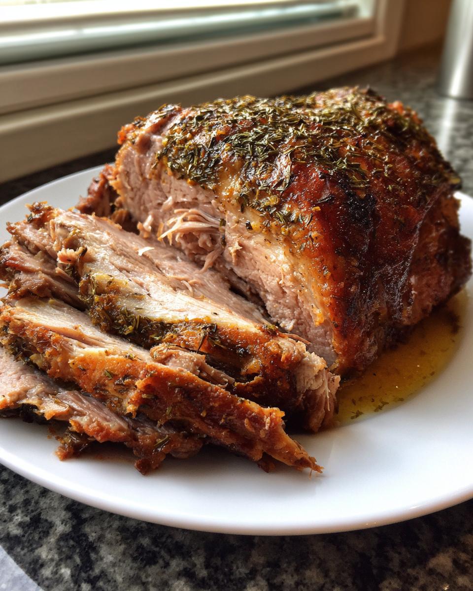 A beautifully browned and sliced slow cooker turkey breast roast seasoned heavily with herbs on a white plate.