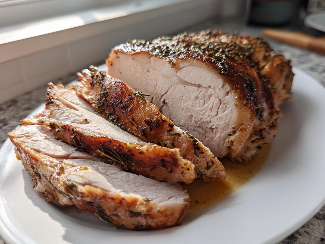 A close-up of a perfectly cooked slow cooker turkey breast, sliced and seasoned with herbs.
