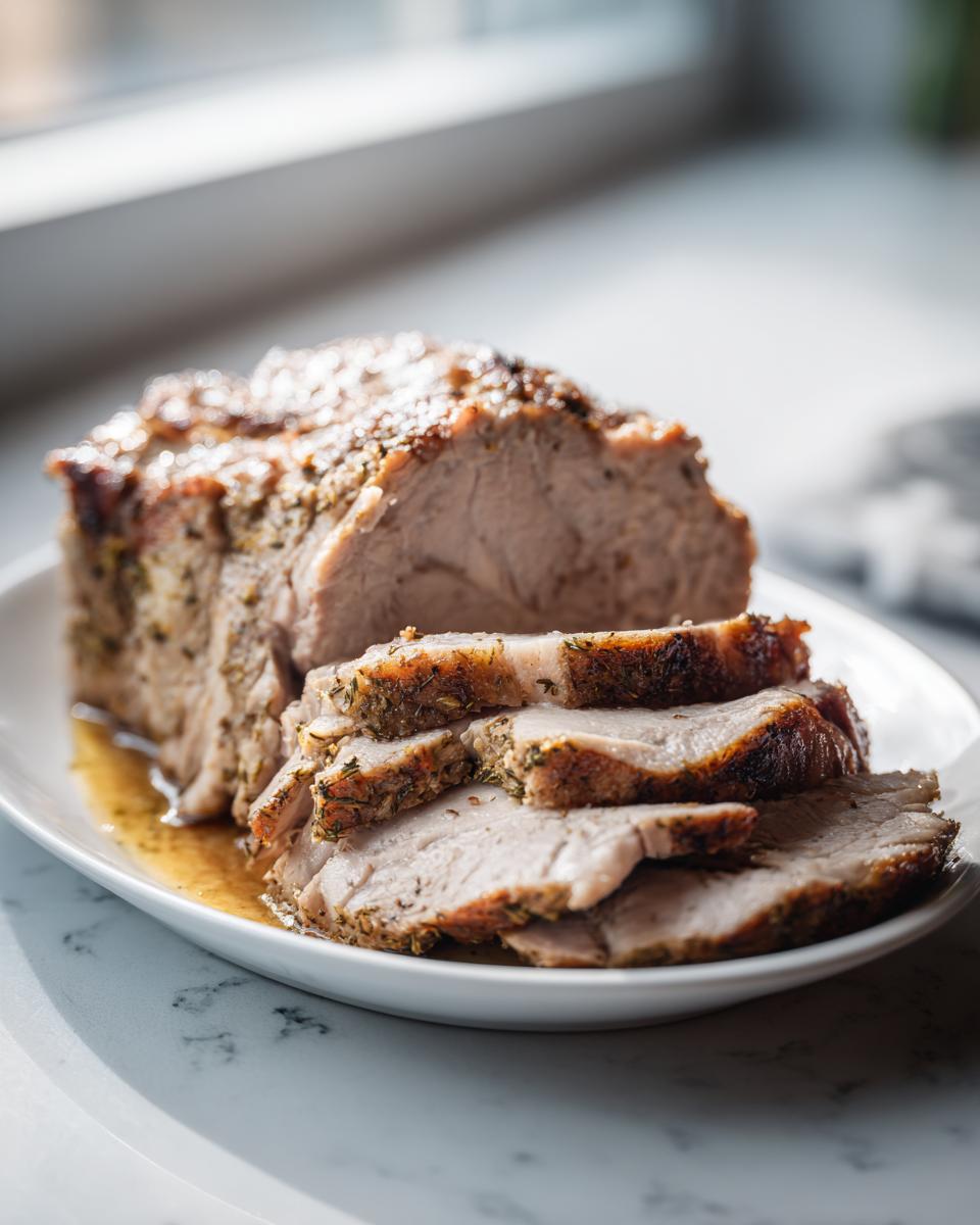 Juicy, sliced slow cooker turkey breast roast with a seasoned, browned crust resting in its own juices.