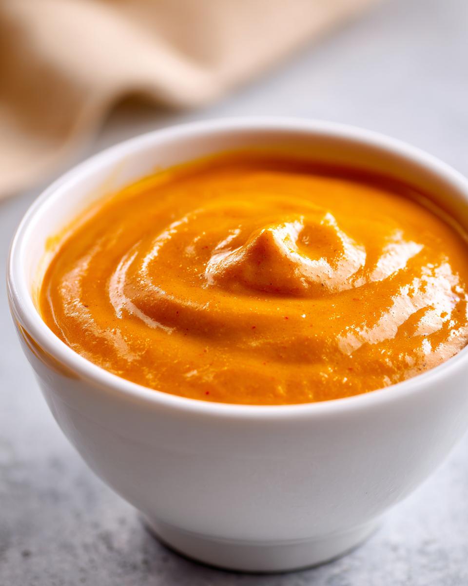 Close-up of a small white bowl filled with thick, vibrant orange beer cheese dip, showing its smooth texture.