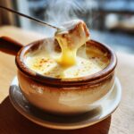 A piece of bread dripping with smooth, hot cheese fondue is lifted from a ceramic pot using a fondue fork.