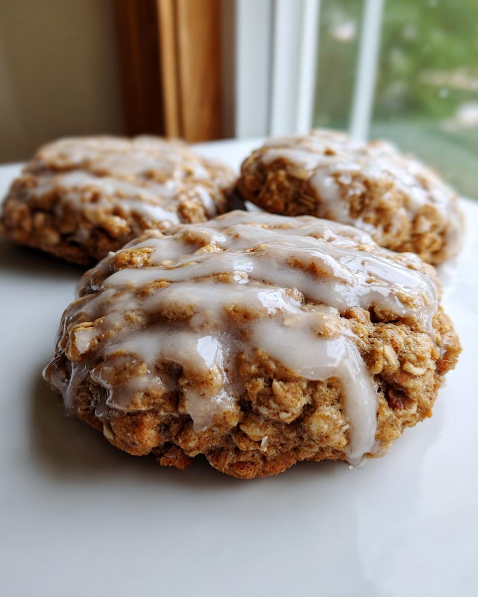 Three soft iced oatmeal cookies with thick vanilla glaze piled on a white plate near a window.