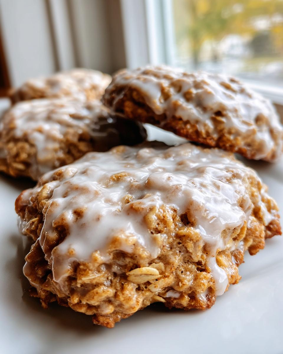 Close-up of several soft iced oatmeal cookies stacked on a white plate, featuring a thick, dripping vanilla glaze.