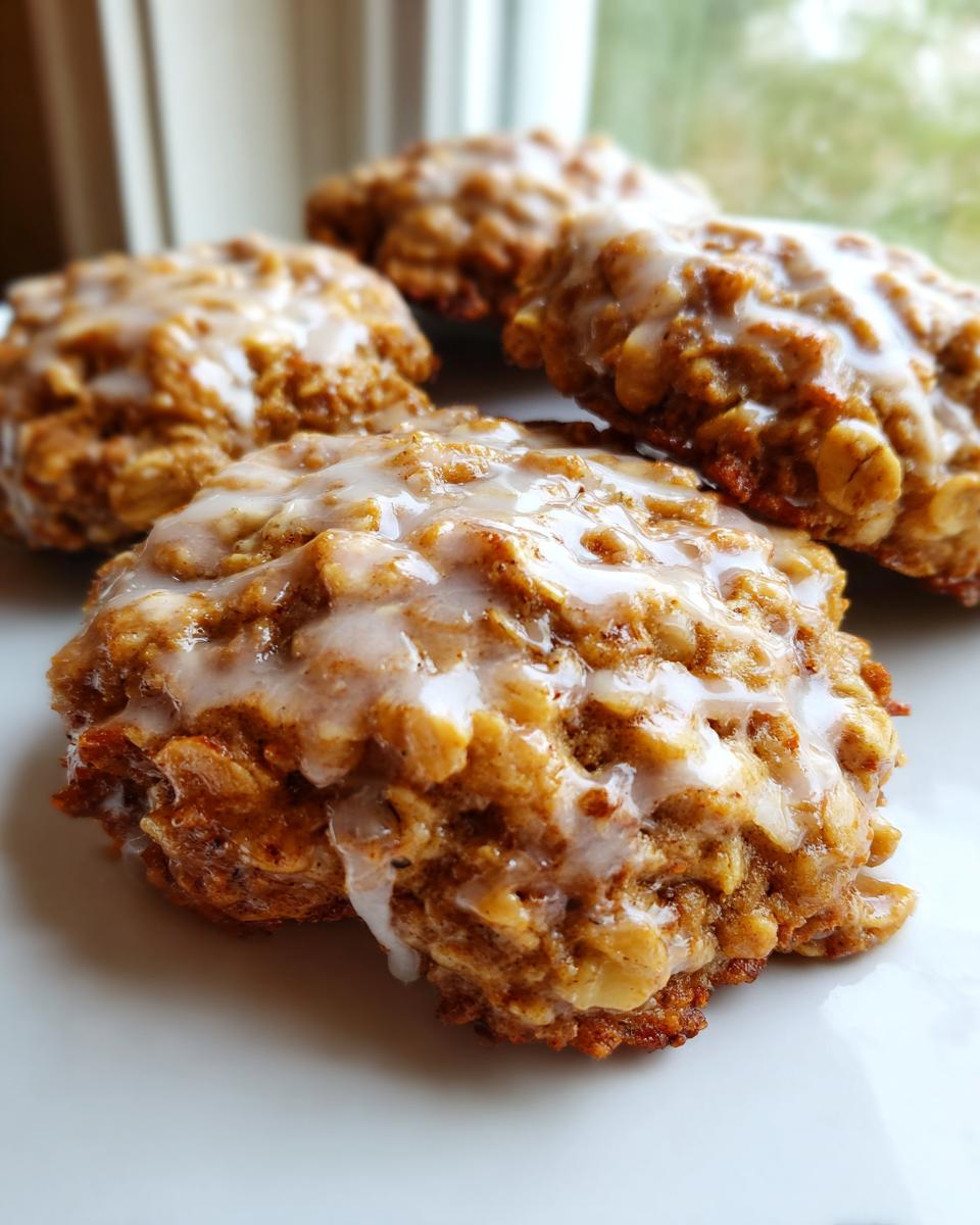 A close-up of several soft iced oatmeal cookies topped with a thick, white vanilla glaze.