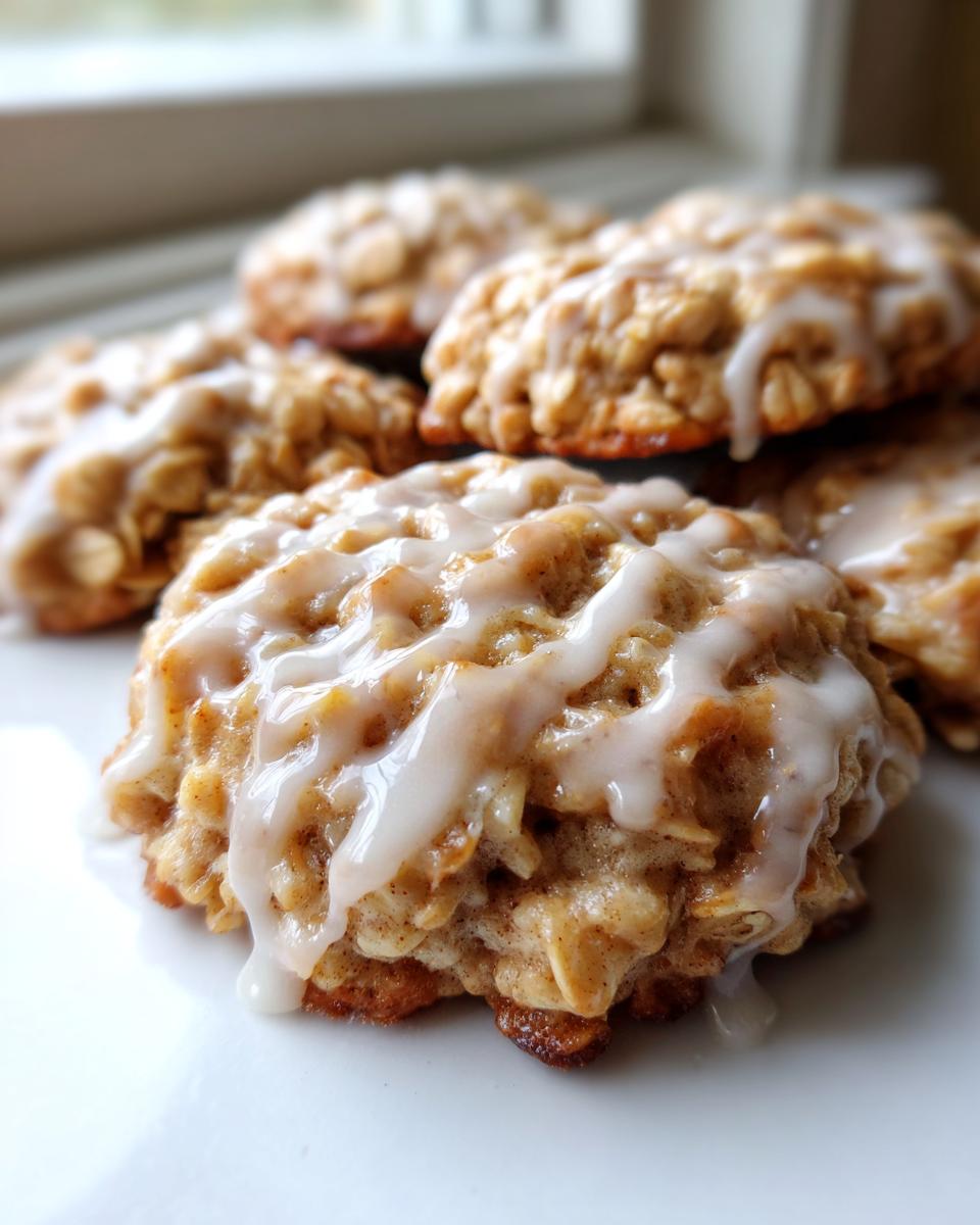 Close-up of soft iced oatmeal cookies drizzled with white glaze, stacked on a white plate.
